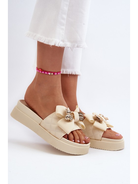 Women's Beige Slippers with Bow and Bear Katterina 2