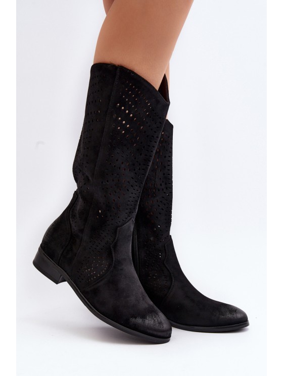 Zazoo 3403 Openwork Women's Low Heel Boots Brown 2