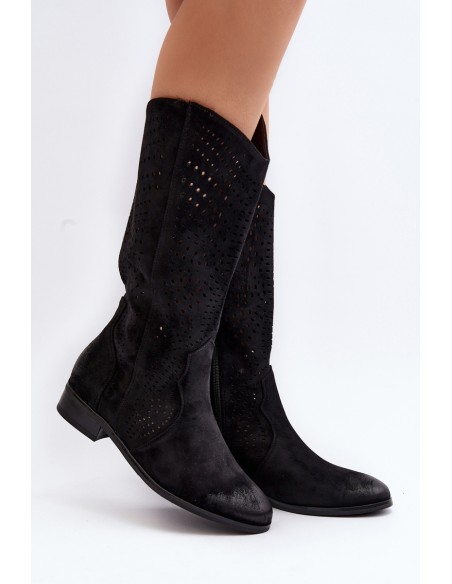 Zazoo 3403 Openwork Women's Low Heel Boots Brown