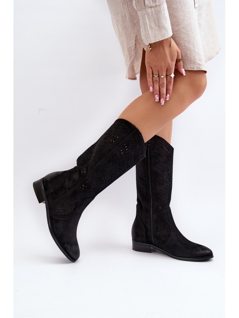 Zazoo 3403 Openwork Women's Low Heel Boots Brown Zazoo 3403 Openwork Women's Low Heel Boots Brown