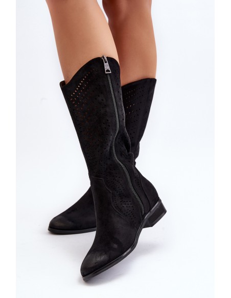 Zazoo 3403 Openwork Women's Low Heel Boots Brown