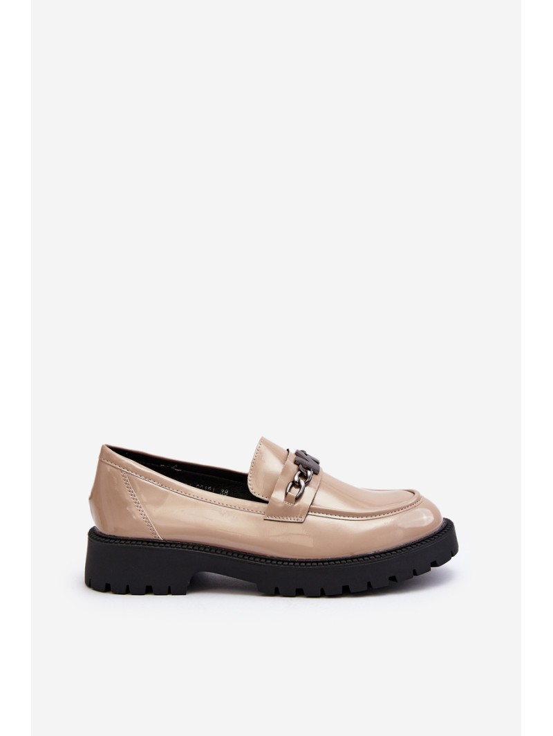 Women's Patent Leather Loafers with Flat Heel Beige Ezoma