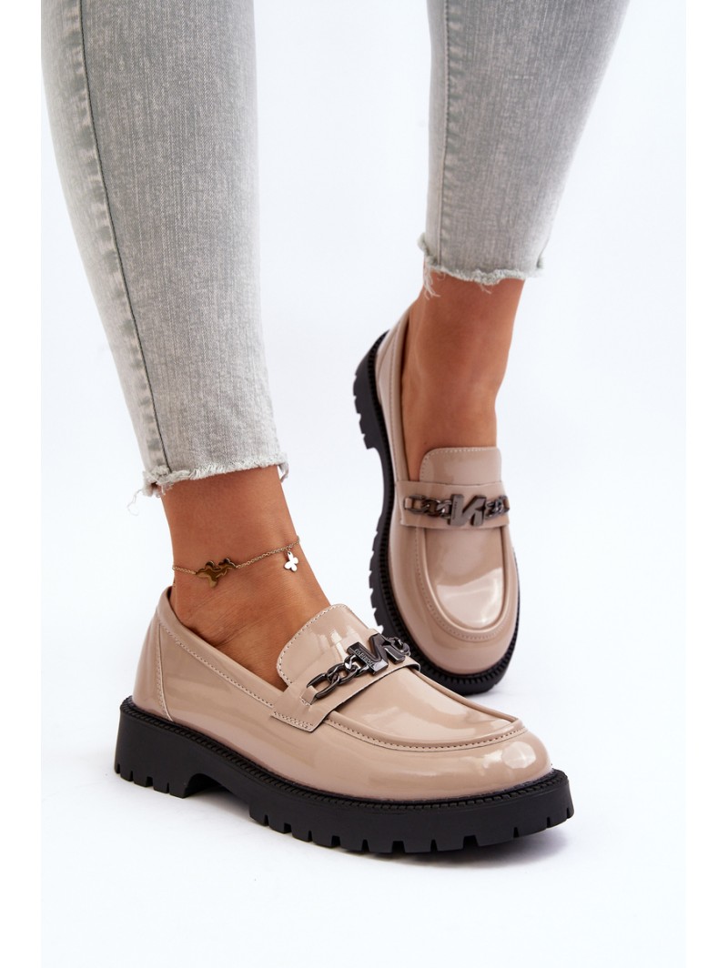 Women's Patent Leather Loafers with Flat Heel Beige Ezoma