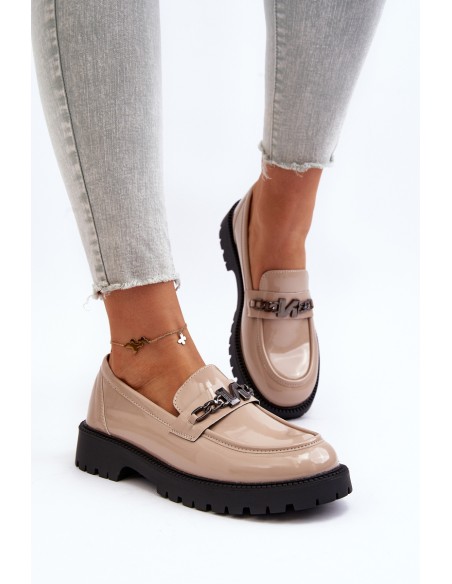 Women's Patent Leather Loafers with Flat Heel Beige Ezoma