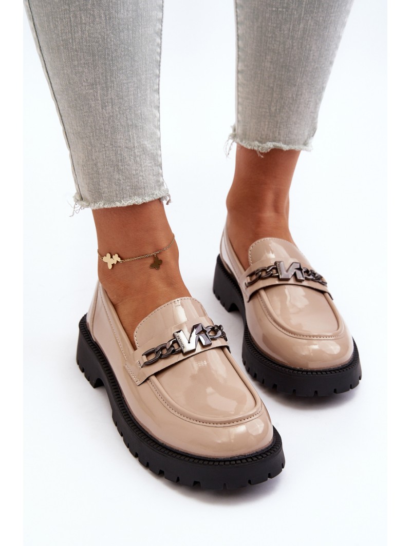 Women's Patent Leather Loafers with Flat Heel Beige Ezoma