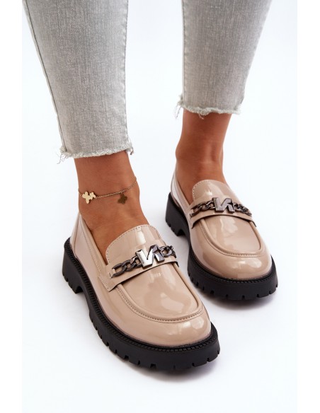 Women's Patent Leather Loafers with Flat Heel Beige Ezoma