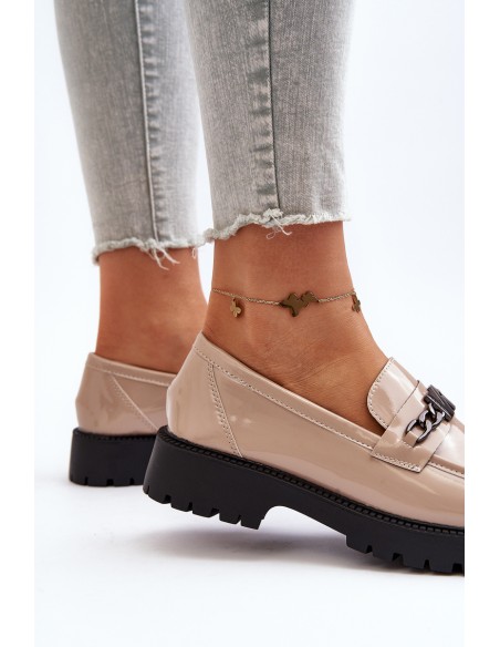 Women's Patent Leather Loafers with Flat Heel Beige Ezoma