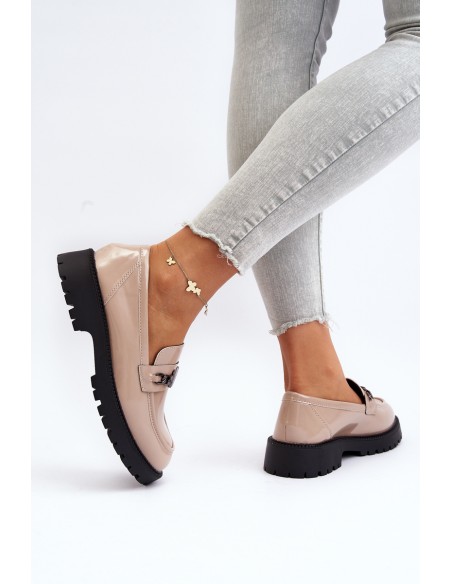 Women's Patent Leather Loafers with Flat Heel Beige Ezoma