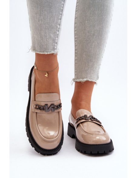 Women's Patent Leather Loafers with Flat Heel Beige Ezoma