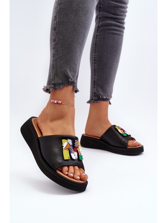 Black Women's Leather Slippers With Ornament Asames