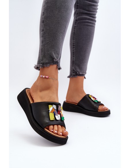 Black Women's Leather Slippers With Ornament Asames