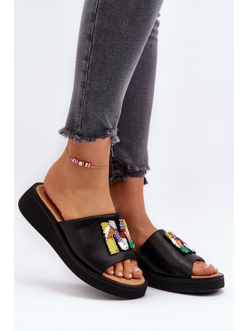 Black Women's Leather Slippers With Ornament Asames Black Women's Leather Slippers With Ornament Asames