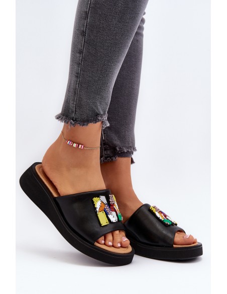 Black Women's Leather Slippers With Ornament Asames