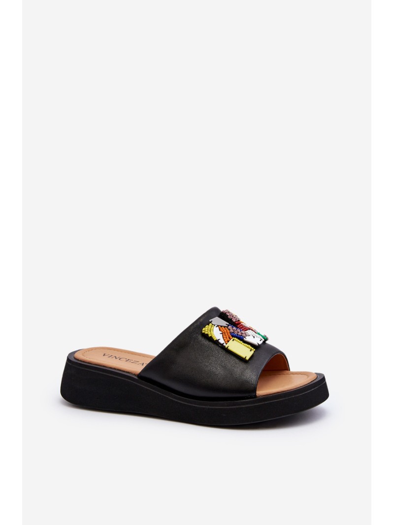 Black Women's Leather Slippers With Ornament Asames