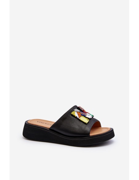 Black Women's Leather Slippers With Ornament Asames