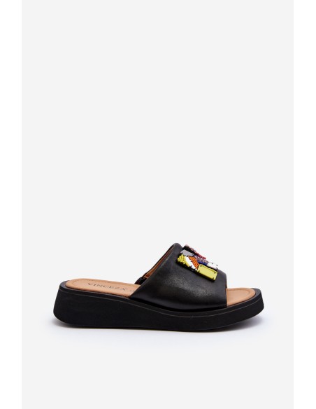 Black Women's Leather Slippers With Ornament Asames