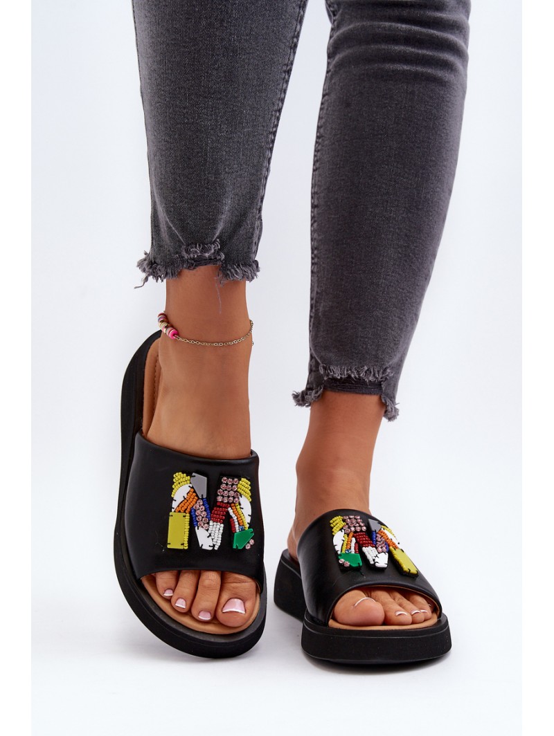 Black Women's Leather Slippers With Ornament Asames