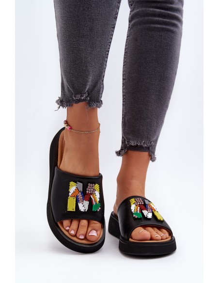 Black Women's Leather Slippers With Ornament Asames