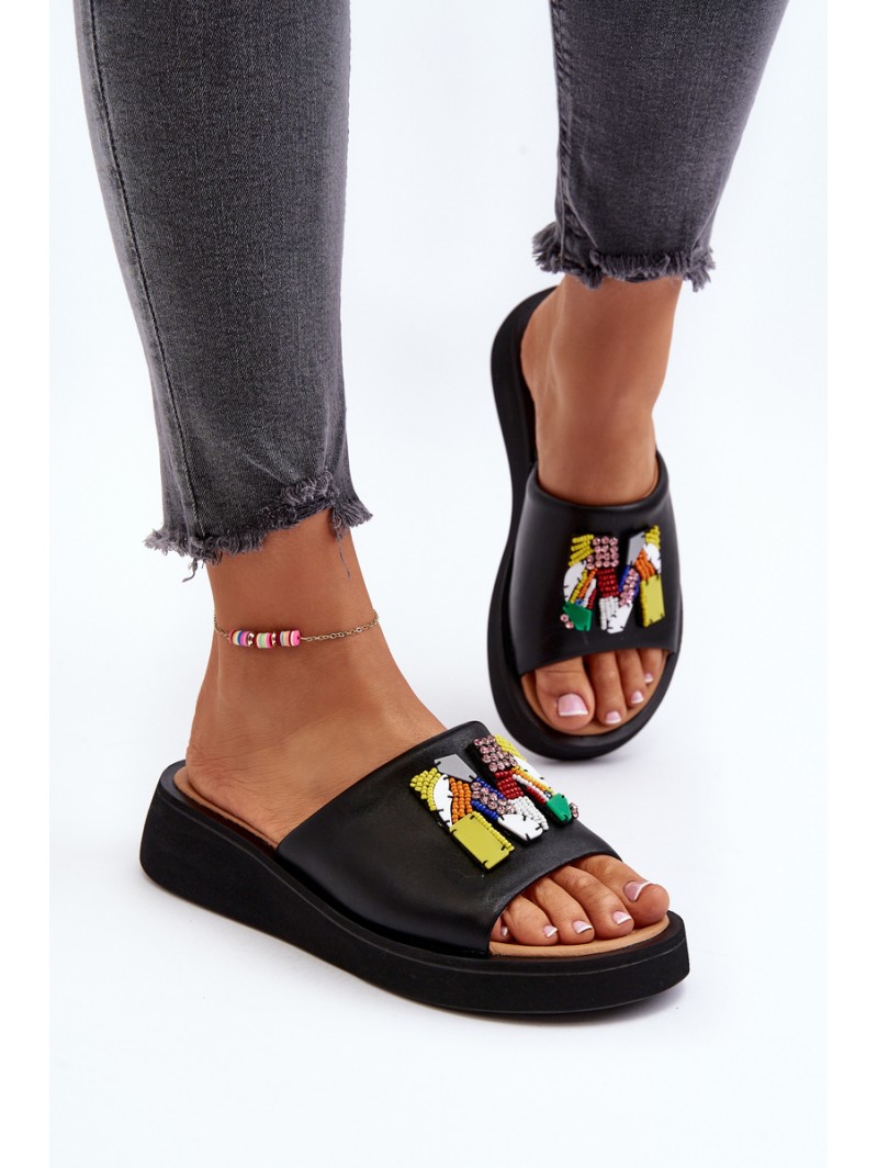 Black Women's Leather Slippers With Ornament Asames