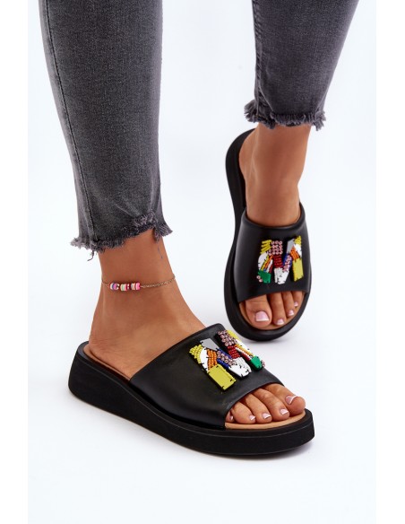 Black Women's Leather Slippers With Ornament Asames
