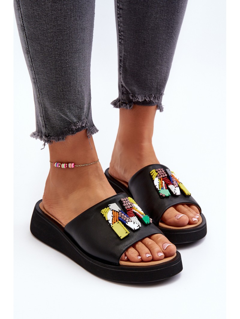 Black Women's Leather Slippers With Ornament Asames