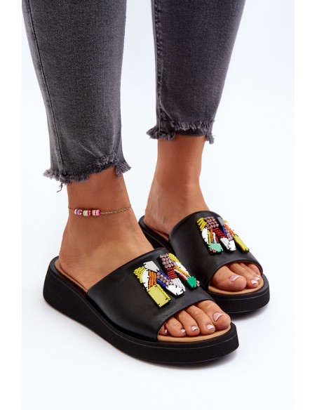 Black Women's Leather Slippers With Ornament Asames