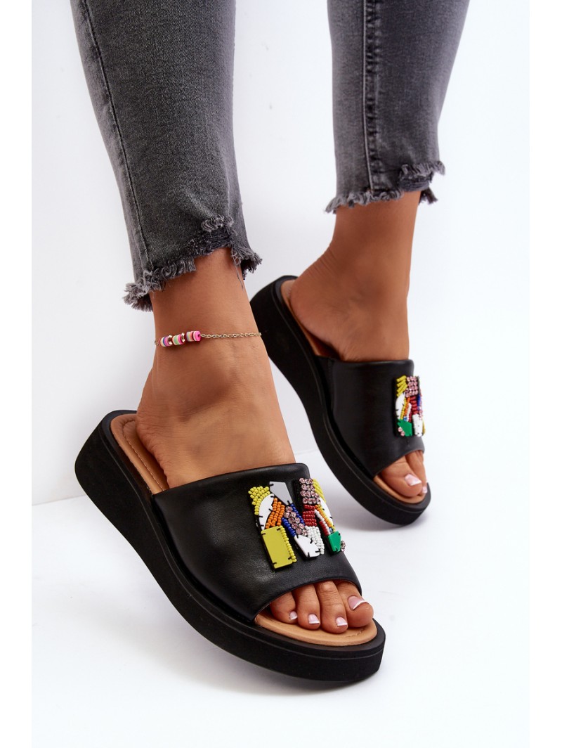 Black Women's Leather Slippers With Ornament Asames Black Women's Leather Slippers With Ornament Asames