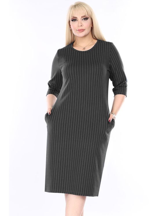 Juoda dryžuota klasikinė suknelė su kišenėmis