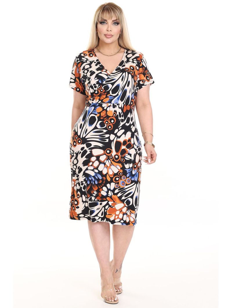 Raštuota suknelė trumpomis rankovėmis